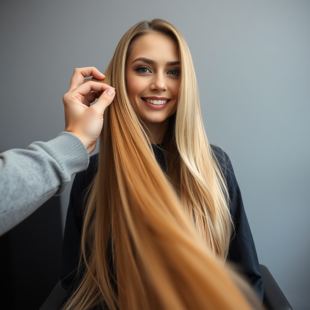 POV, beautiful very long haired blonde woman sitting in a hair salon smiling at the camera while I reach out from behind the camera to trim her very long hair. Plain gray background.