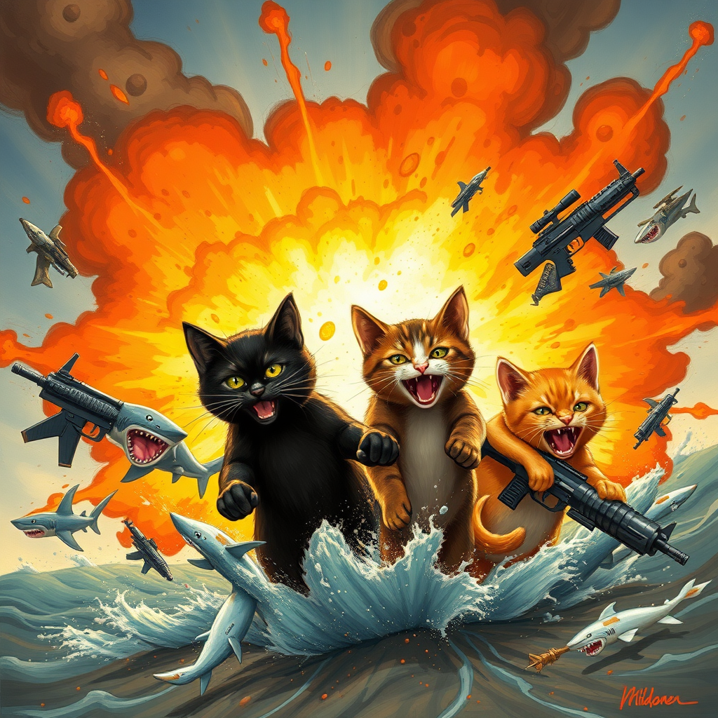 1 dark brown cat, 1 black cat, 1 brown cat, and 1 orange cat coming out of an explosion with sharks and weapons.