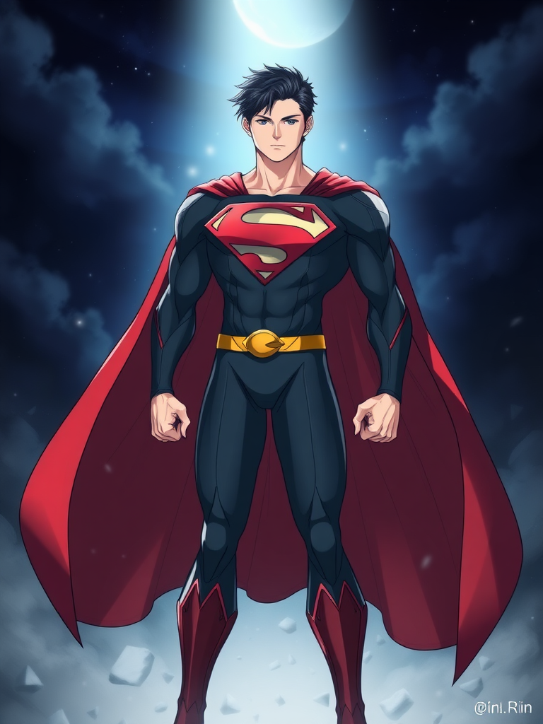 Create a full-length hyper-realistic image of a character representing Superman while adopting the body type of Rin Tohsaka. Keep Superman's head intact but modify the silhouette to reflect Rin's physique. The background should be an appropriate setting that enhances the character's demeanor and theme, seamlessly integrating elements that represent both Superman's heroic essence and Rin's anime universe. Focus on achieving a visually striking and cohesive image with rich details, colors, and lighting that highlight the character's unique features.