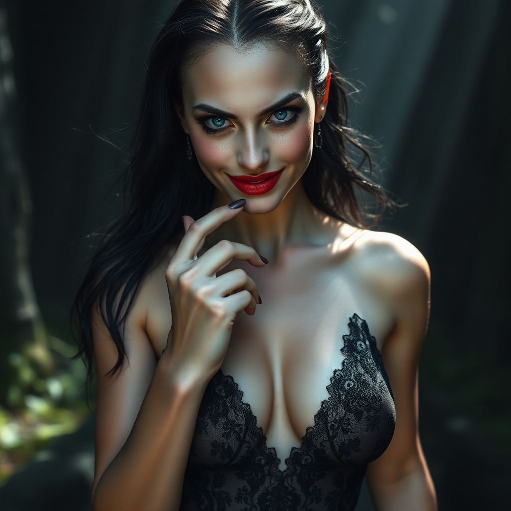 Beautiful Hell image

Enigmatically alluring inviting and scary looking smile. Running through secretive place, a small pond with God rays of light shining on her face in a glade in a tall magical forest where she lives, ready for an nude swim at any moment.

The image presents Beautiful Hell standing with a powerful and commanding presence. She is a hyper photo realistic woman, visibly sweating, exuding menace, sexuality and beauty. The background is dark and mysterious, enhancing her enigmatic presence and adding depth to the image.

Hair: 
Her dark raven-black hair cascades down in soft, wavy strands often caught in a breeze, contrasting sharply against her pale, flawless unblemished skin with delicate feminine sexual tattoos sprinkled around her body.

Face: 
A strikingly beautiful face with fine unbroken porcelain white skin and smooth and defined features. Her mouth slightly open with a index finger in her mouth laying on her bottom lip, her eyes a piercing blue, intensely realistic detailed and deep, are intense and captivating, capable of drawing in and intimidating anyone who meets her gaze. Her eyes show an intense need to own the viewer, and are framed by long, dark lashes, adding to their dramatic effect. Her expression is alluring and menacing and intensely and openly sexual, reflecting her dual nature. 

Emotional and Visual Impact: 
The image evokes a sense of sexual attraction and admiration for Beautiful Hell’s beauty, body, and intricacy. The combination of sheer fabric, deep and wide and revealing plunge line, and delicate lace creates a balance between elegance and allure, making her both captivating and alluring and intimidating. The visual intensity of the image is heightened by the dark, mysterious background, which adds to her enigmatic presence. The overall emotional response is a mix of admiration for her beauty and a subtle sense of fear or respect for her bold and daring and attention demanding design and physical attraction to her. Her demeanor and physical exposure are outrageously bold, giving her an openly gleeful and ecstatic smile reflected in her brilliant blue eyes, and inviting anyone to oppose her.

Dress Design and Features: 
Plunge Line: The dress is made of a thin sheer fabric features a deep and wide plunge line that extends to just below her belly button, revealing the smooth skin of her torso and her belly button emphasizing the dress's allure and Beautiful Hell's alluring natural sexuality.

The dark, remarkably fine fabric of the dress clings closely to her figure, accentuating her curves and emphasizing her feminine form.