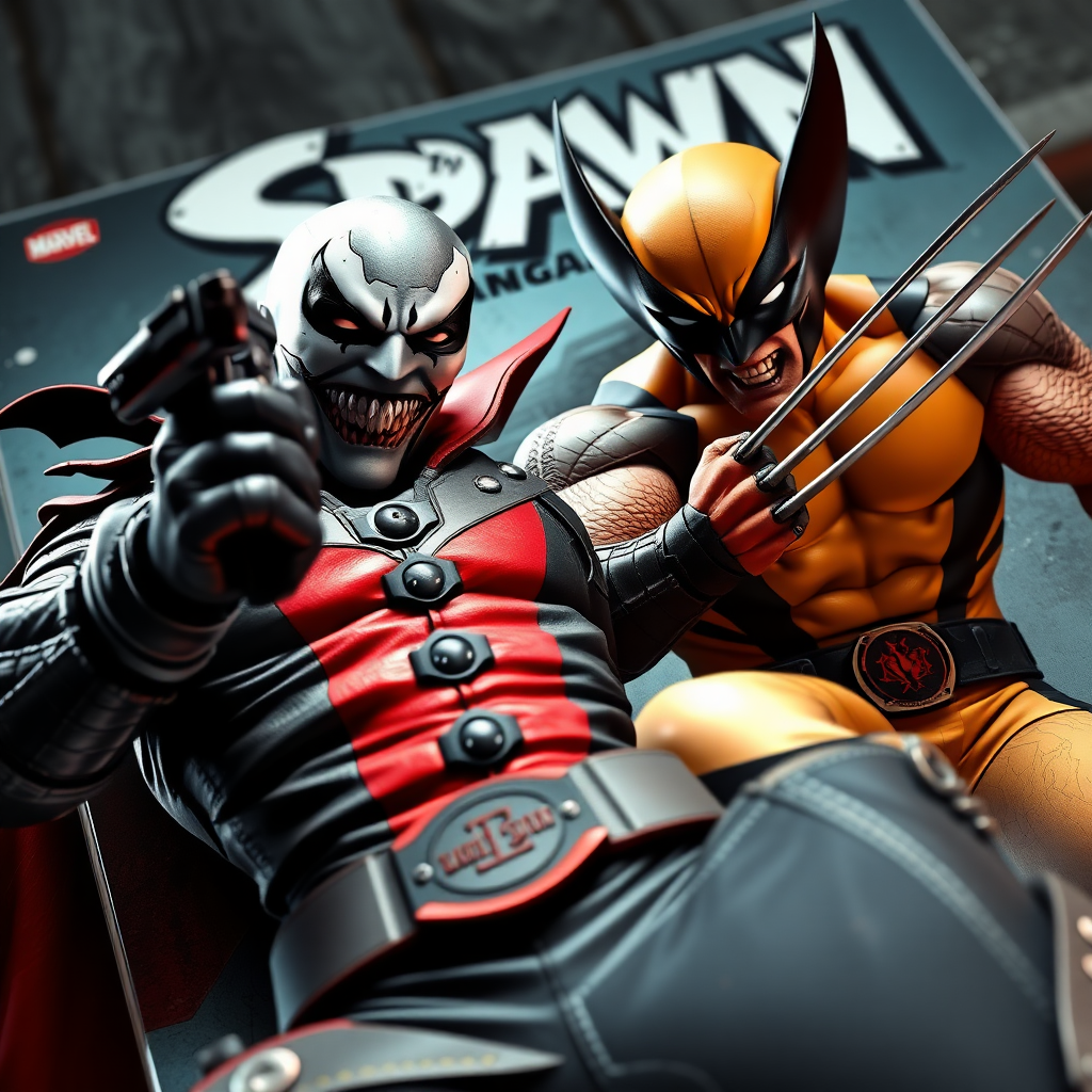 On a comic book cover is Spawn holding a gun Vs Wolverine in Cinematic Real3d photo-realistic quality.