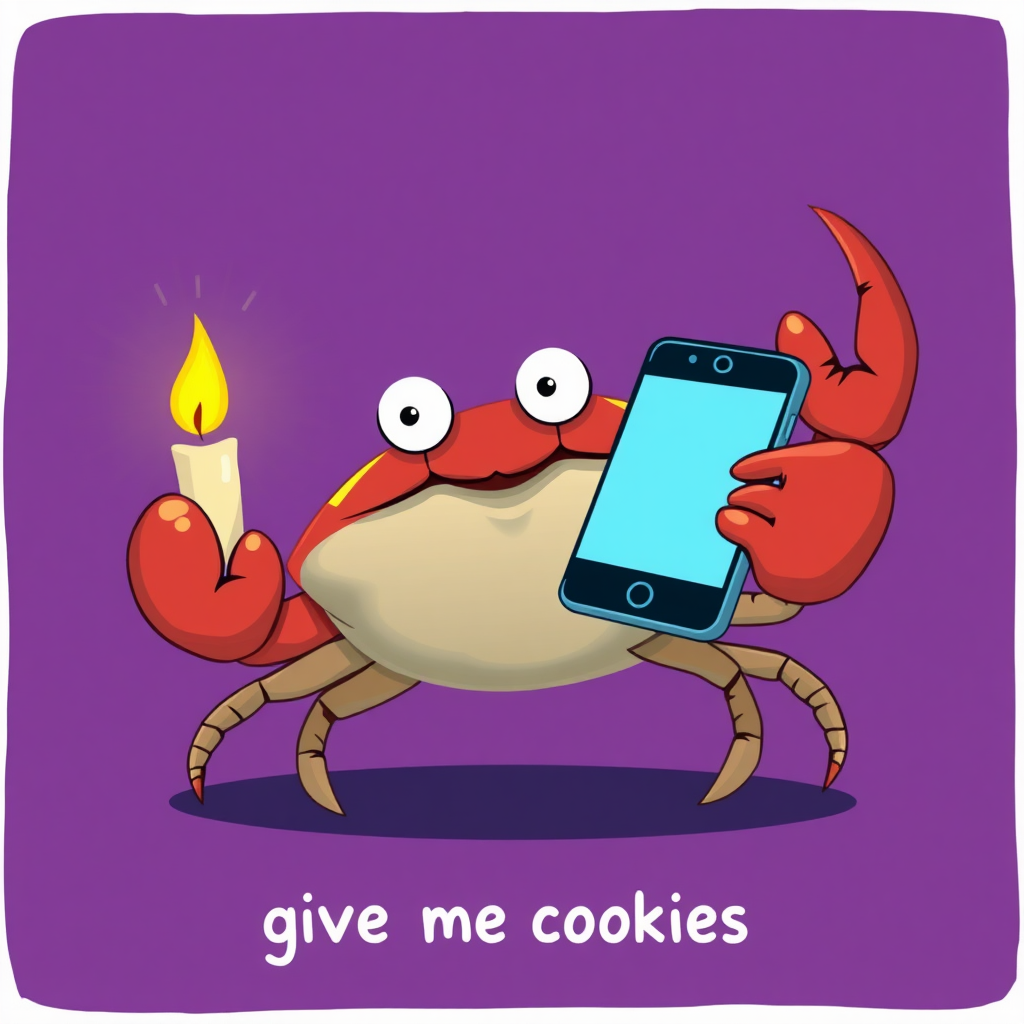 a crab holding a candle in one claw and smartphone in the other claw and caption "give me cookies"