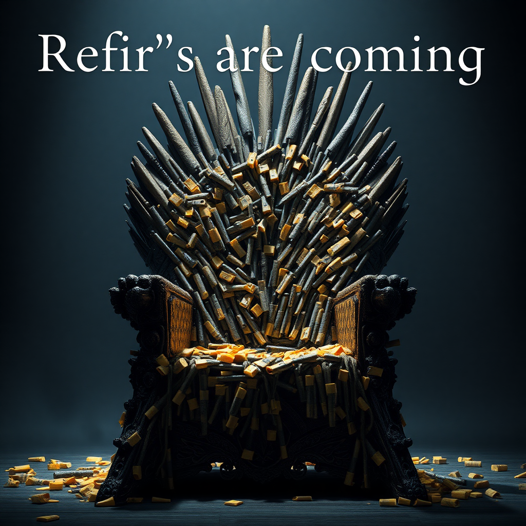 The game of thrones chair made out of refi’s. The text in the background says “Refi’s are coming”. The image is photorealistic, cinematic, and epic.