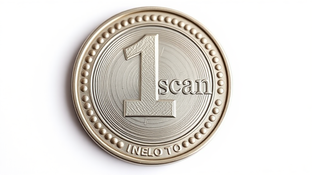 A coin with the engraving "1 scan"  
In the style of a comic icon in black ink only on a white background