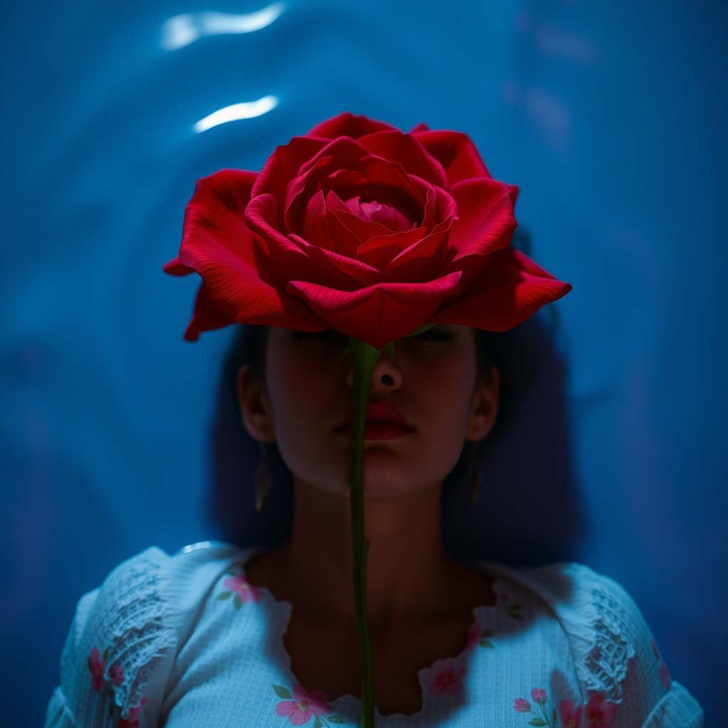 A red rose bouquet head, no human, front view, wearing a white textured dress with pastel minimal floral print design, closeup shot, hyperrealistic, lying inside water with blue and pink effect, nighttime, dark