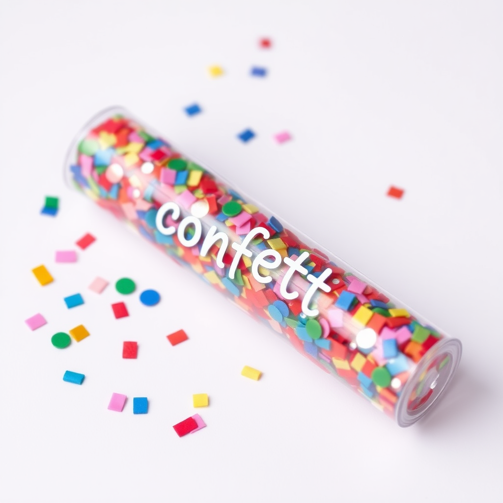 A photo of a colorful confetti popper tube with text "confetti" on it.