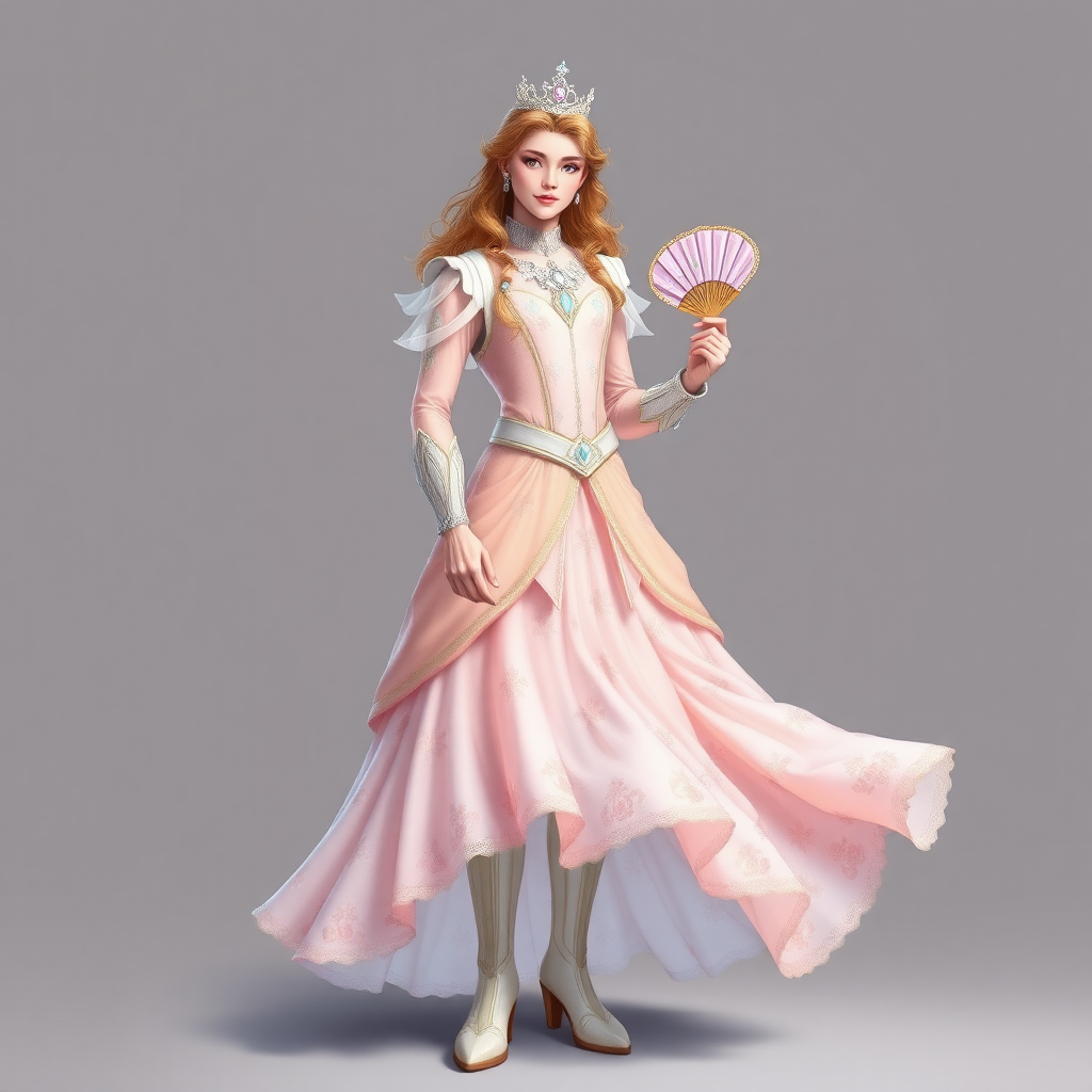 Name: Prince Aelion  
Gender: Male (feminine presentation)  
Age: 17  
Clothes: Prince Aelion wears a flowing, pastel-colored gown adorned with delicate floral patterns. The gown has a fitted bodice and a layered skirt that sways gracefully as he moves. He accessorizes with a sparkling tiara, delicate silver jewelry, and soft, knee-high boots. His long hair is styled in loose waves, and he carries a small, ornate fan that he uses to express his emotions.