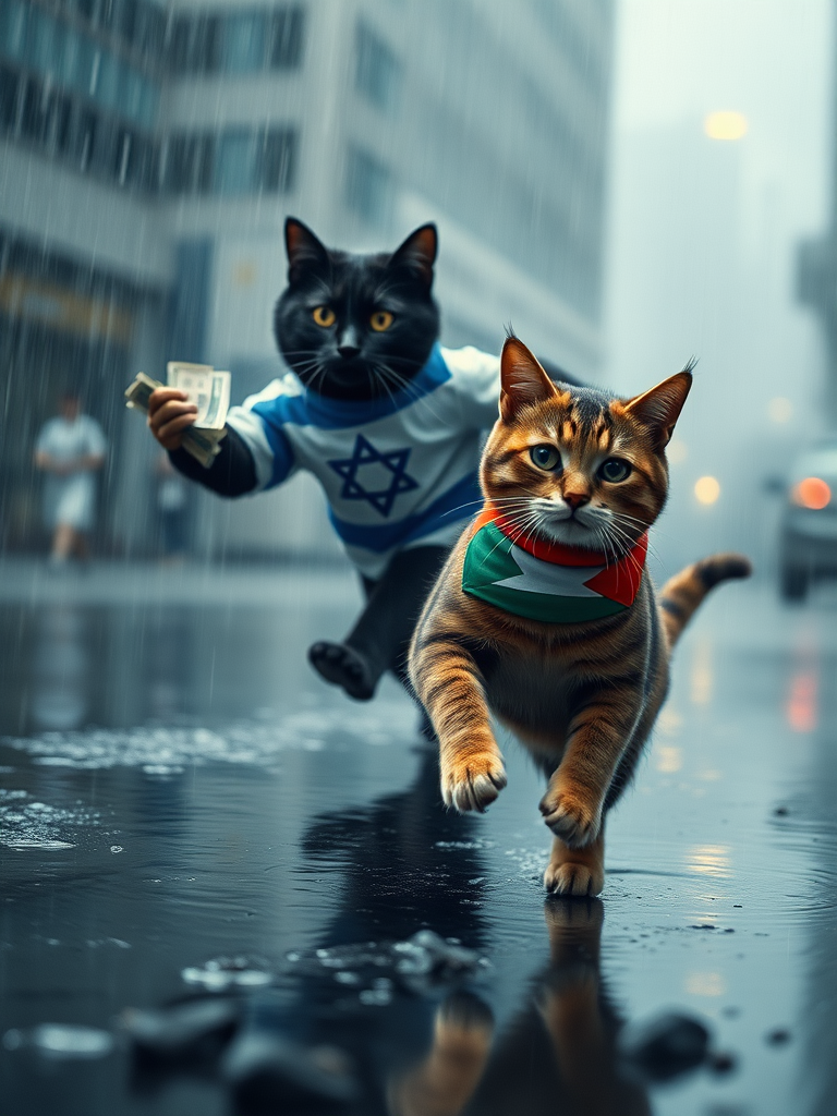 Create a realistic 4K image depicting a dramatic scene in heavy rain. A black cat wearing a shirt featuring the Israeli flag has successfully snatched a handful of money and is sprinting away at full speed. In the foreground, a cat wearing a shirt with the Palestinian flag is left behind, tears streaming down its face, expressing sadness and despair. The background should show the pouring rain, with puddles reflecting the scene, enhancing the emotional impact. Capture the movement and urgency of the black cat and the sorrow of the Palestinian cat to convey a powerful moment.