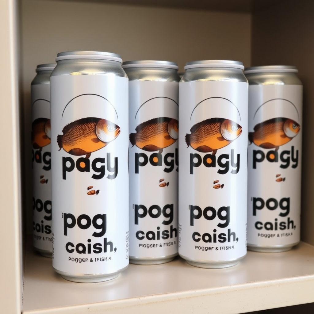 a small shelf with cans that have an image of fish on the label and text saying "pog fish poggers fish"