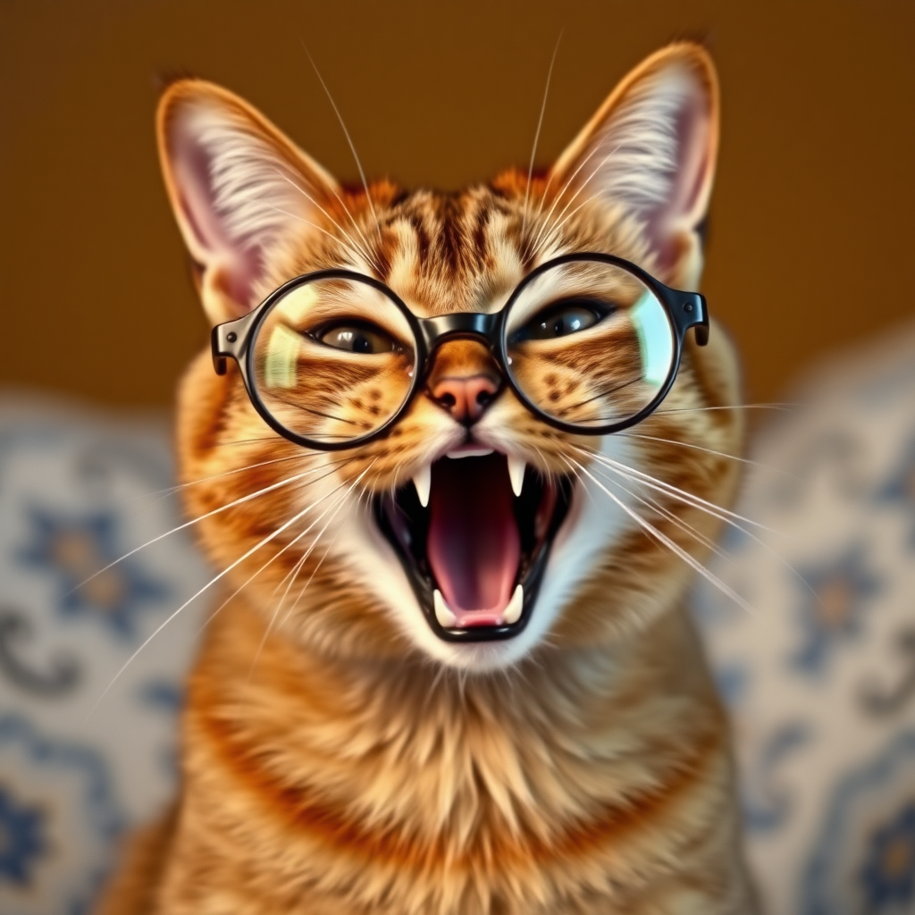 A brown cat with semi-round glasses is screaming desperately gay.