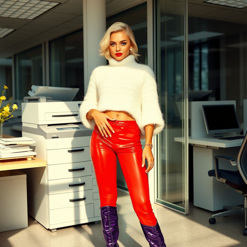 Sunny spring morning, modern glass-steel-concrete office, standing gracefully at Xerox: Nina, 17 years old very convincing femboy, tamed servile docile, very beautiful feminine flawless face, rather short, by hormones very curvaceous womanly figured, platinum blond short tight curls, French nails, bold red lips, heavily made-up face, wearing Supertanya-style fluffy very fuzzy bright white angora turtleneck-poncho cropped ending under bust, bright red vinyl tight shorts, opaque silk pantyhose, purple shiny vinyl OTK-boots with golden high heels, white pearl belly piercing, gold earrings, seductively looking at camera. Full view.