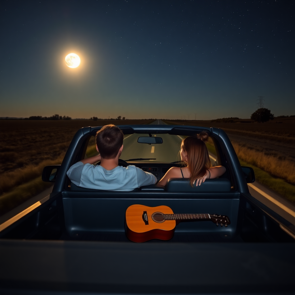 An image of a young couple driving down country roads in the middle of the night with the moon out and the stars above in their pickup truck with the top down. The guy is in the driver's seat. The woman in the passenger seat. There is a guitar in the flat bed.