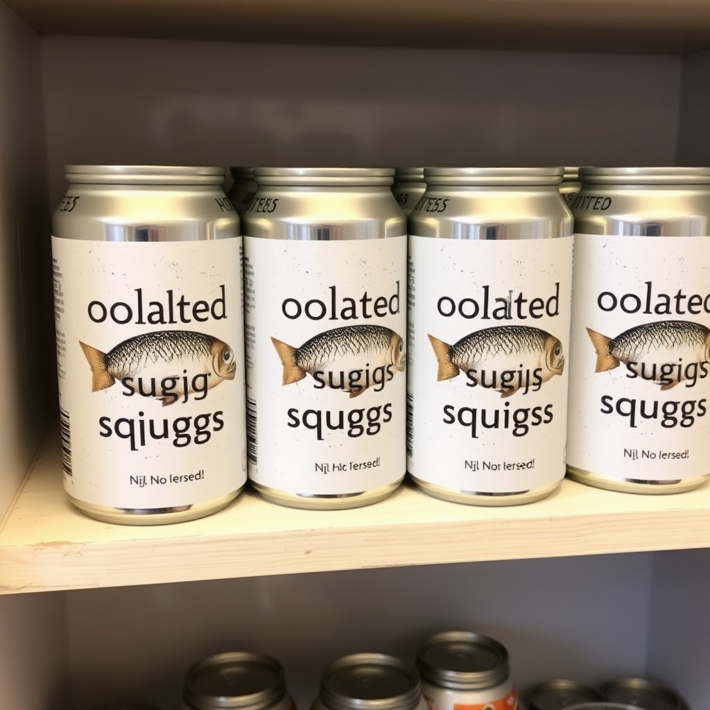 a small shelf with cans that have an image of fish on the label and text saying "oolated squiggs", the text should be "oolated squiggs" with no erors, oolated squiggs, oolated squiggs, oolated squiggs, oolated squiggs