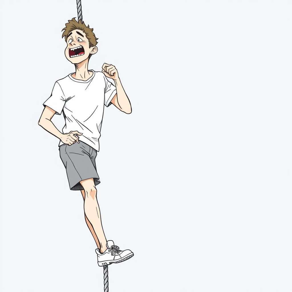 nervous short 20 year old european skinny man, short white t-shirt, standing, stunned, mesmerized, joyful, heavy drooling, heavy sweating, painfully climbing up a rope, side view, sneakers, detailed feet, 2D, caricature, cartoon, Sketch lines, coloring book, coloring book, colorful image,