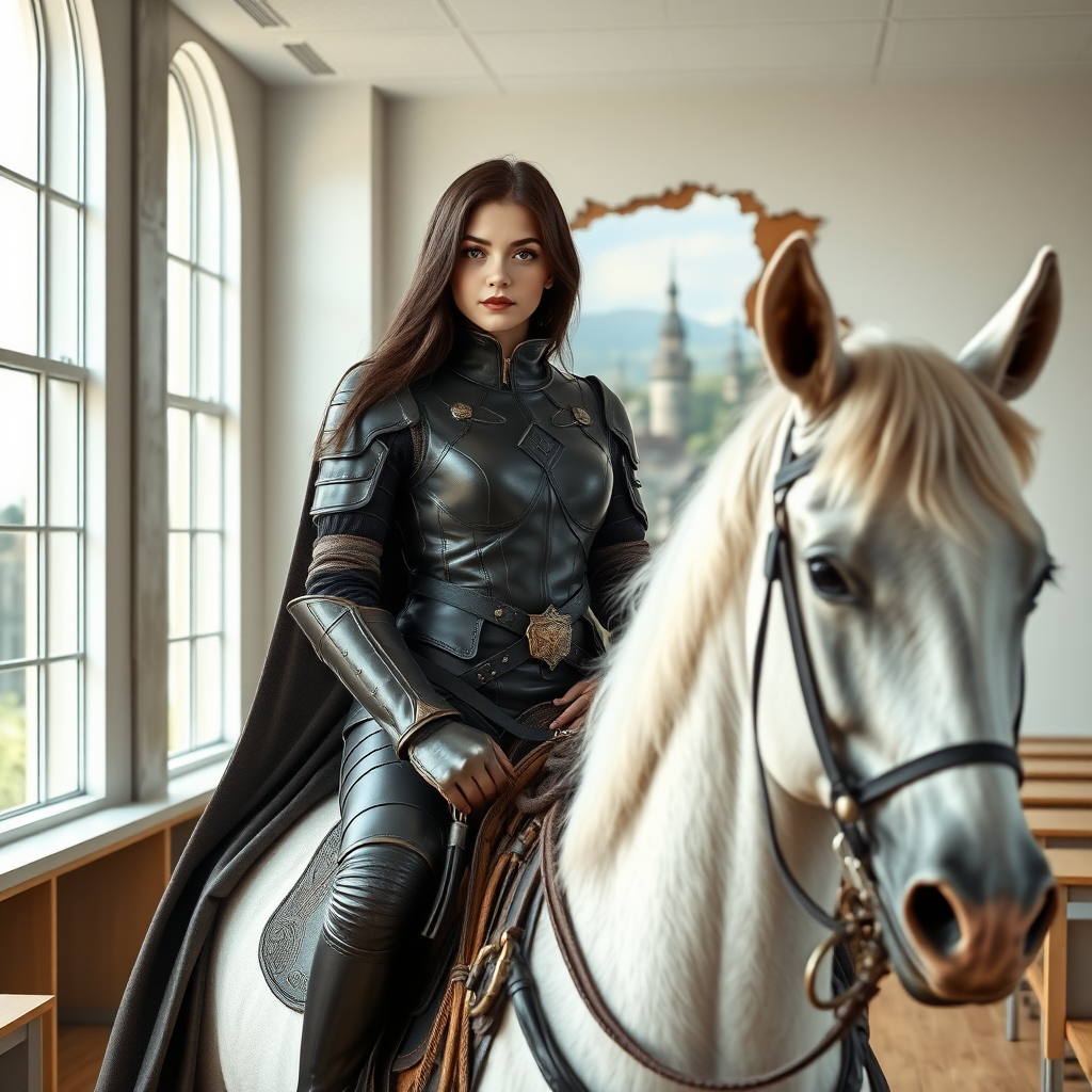 beautiful young woman, dark hair past her shoulders, blue eyes, small, slim figure, wearing full leather armor suit, long cloak, on a white horse in a large modern classroom, with the wall missing, looking outside to a fantasy, medieval village.