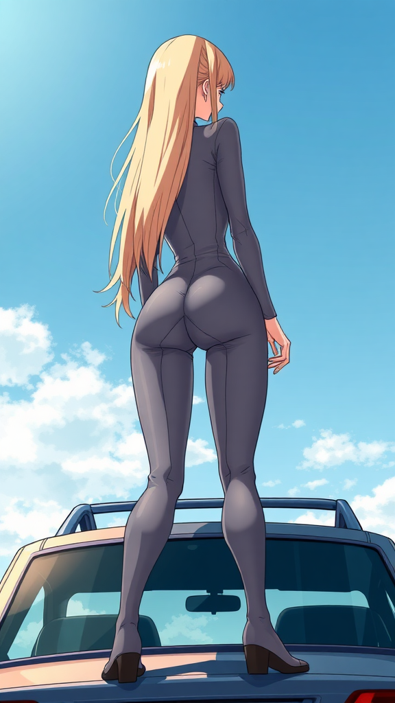 A anime drawing: A close up-cropped backside view one-piece tight-grey suit baddie-white women long blond standing on top, legs split out on top of a car