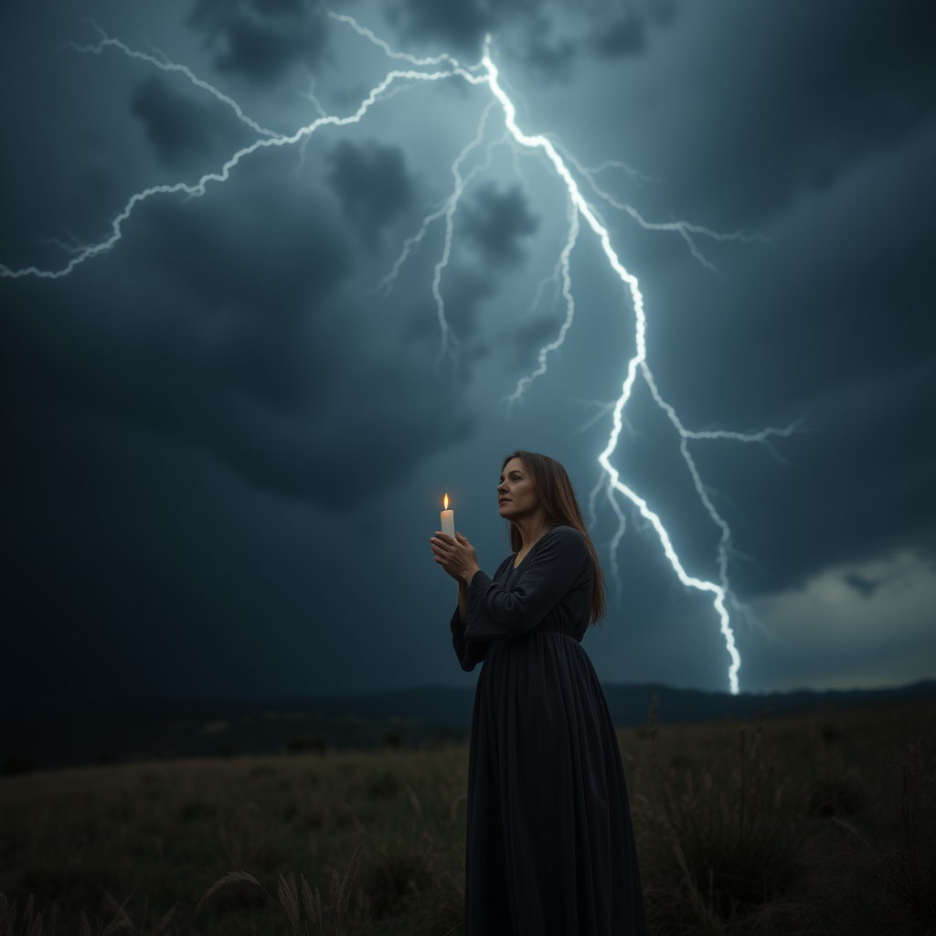 very cloudy black sky with lightning, in the Sardinian countryside, a middle-aged sad woman, in a long dress, praying with a candle in her hand