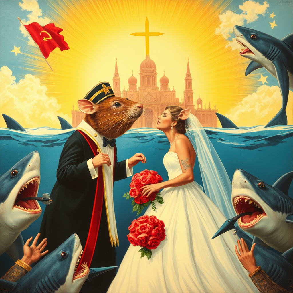 A rat wedding being attacked by sharks, Catholic, Soviet propaganda poster