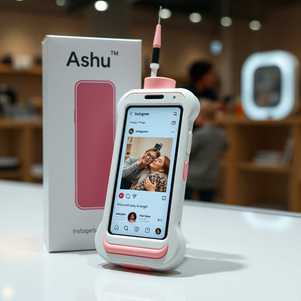 A close-up straight front view of a mobile phone in the shape inspired by a syringe, white-pink futuristic, kept for sale leaning against a box with the text "Ashu" and minimal design, in a showroom, touchscreen phone with an Instagram page open on the screen, needle on top, whitepunk.