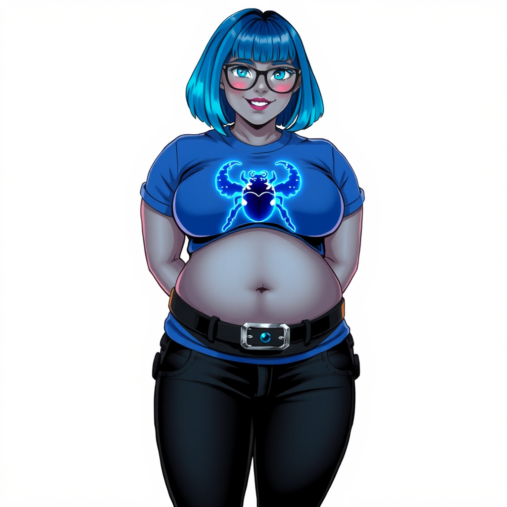 A 28-year-old, full-figured, metallic middle gray skinned computer program hybrid with a maximum blue bob cut. She has a non-athletic build, highlighted by a prominent, round midsection (with emphasis on her belly). As a digital sidekick, computer hacker, and nerdy girlfriend to her cyberpunk vigilante boyfriend, her middle gray metallic skin and maximum blue lipstick emphasize her digital nature. She wears a tight-fitting, maximum blue t-shirt (accentuating her belly) with a neon blue glowing chest icon of a beetle, black pants, a black belt with a sapphire scarab buckle, and black gloves. Her bright blue eyes, black eyeglasses, and lovestruck smile with neon red blush accentuate her nerdiness. She stands bashfully with her hands behind her back, her t-shirt covering her midsection (especially her belly) and emphasizing her full-figured, non-athletic physique. She is on a solid white background. She is drawn as if she was in a retro 2D cyberpunk fighting game. She is clearly non-athletic, with a focus on her full-figured physique. Ensure her t-shirt covers her midsection (especially her round belly).