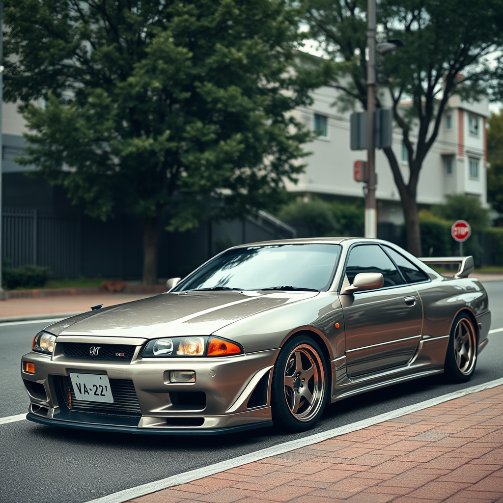 the car is parked on the side of the road, inspired by Taiyō Matsumoto, tumblr, restomod, nd4, c4 metallic shine nissan skyline r34