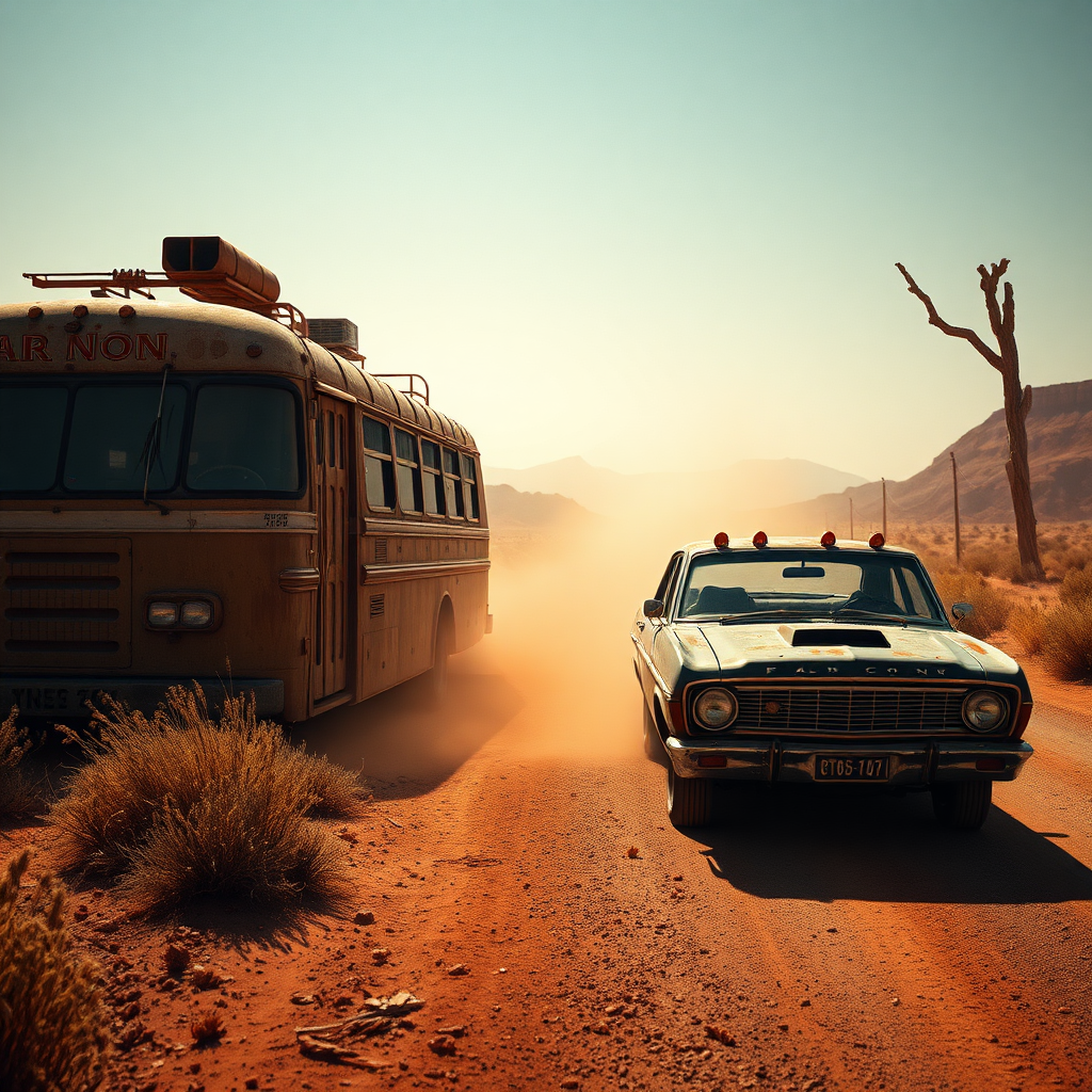 Ford Falcon Mad Max post-apocalyptic dust rusty zombie the bus is parked on the side of the road, inspired by Taiyō Matsumoto, Tumblr, restomod, ND4, C4