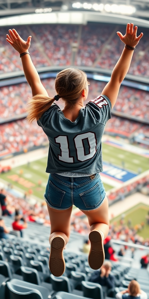 Attractive female NFL fan, pigtail hair, inside bleachers, jumping in the crowd, arms raised, NFL stadium