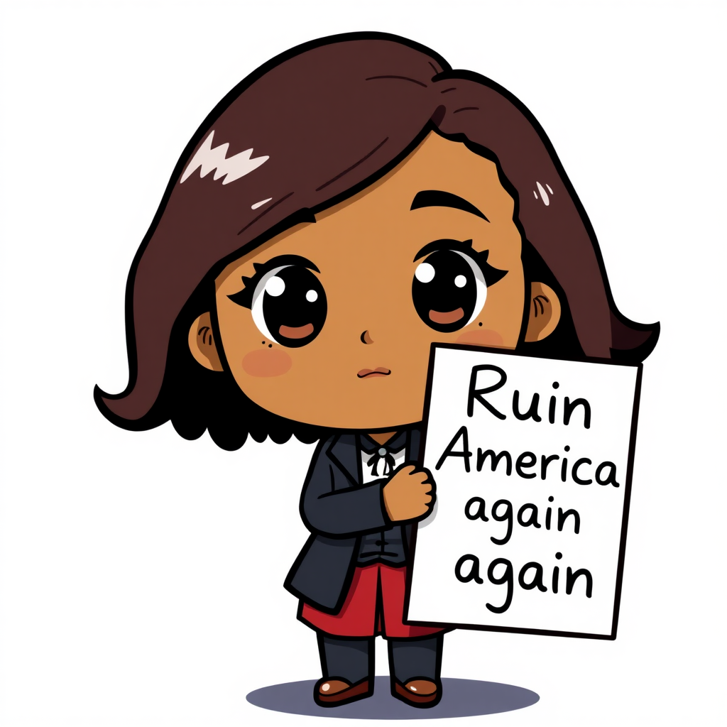 Chibi version of Kamala Harris holding a sign "Ruin America again and again"