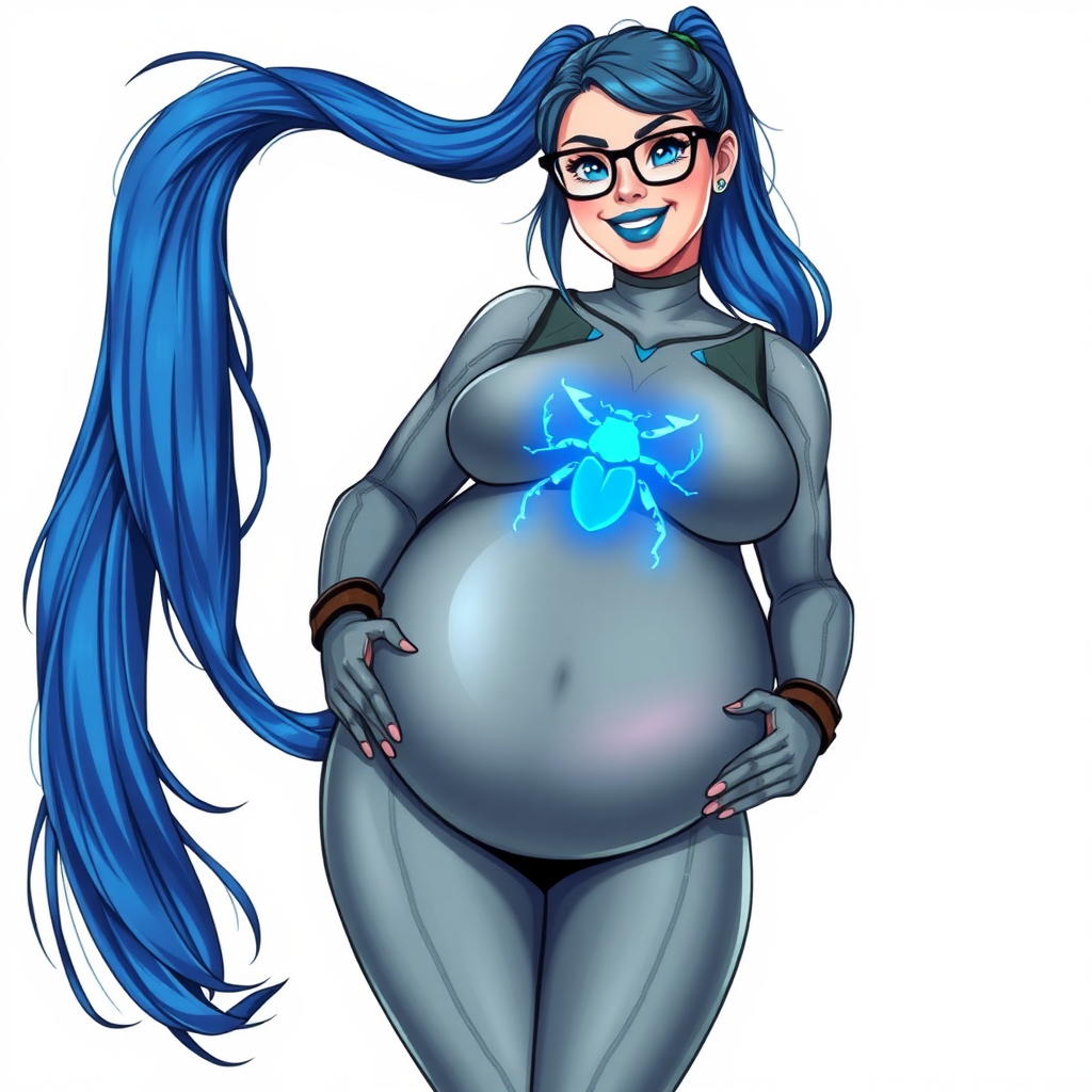 A 28-year-old computer science major embracing her new life as her cyberpunk vigilante boyfriend's nerdy, full-figured, heavily pampered, metallic middle gray-skinned computer program hybrid girlfriend and digital sidekick with a long, maximum blue ponytail. She wears maximum blue lipstick and has bright blue eyes. Her outfit includes a digital, computerized, middle gray bodysuit (accentuating her gargantuan midsection) featuring a neon blue glowing beetle chest icon. She sports black eyeglasses, with a beaming smile and neon red blush. Her full figure reflects the doting care of her vigilante boyfriend. She uses her power to hack into computers and machines to serve as her hero's minicomputer operating out of his hi-tech wristwatch and supercar's supercomputer. The background is solid white. She has a prominent, round, gargantuan midsection. Her midsection is bloated to emphasize her physique. Her middle gray metallic skin highlighting her digital nature. She is drawn as if she was in a retro 2D cyberpunk fighting game.