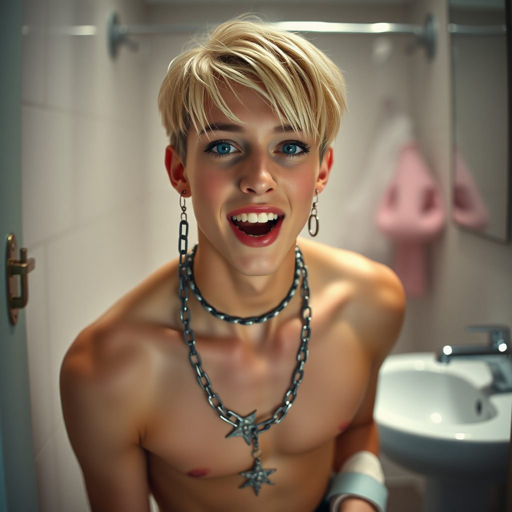 photorealistic, ultra high resolution, 16K, surreal fantasy, studio lighting, a pretty 16 year old goth boy, slim male physique, short blonde hair, goth makeup, earrings, spiky chain and leash, pantyhose, white ballet shoes, in the bathroom, excited open mouth smile, facing the camera,