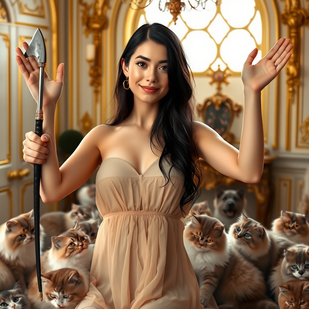 Envision a sweet and charming witch with a normal human face, both arms raised in a welcoming gesture towards the viewer. She's dressed in a flowing, diaphanous strapless negligee that showcases her refined armpits. In one hand, she grasps a simple yet elegant athame. The scene is set in a warmly lit, ornate chamber with soft pastel colors and golden accents. Several real, fluffy Siberian cats are gathered around her, playing and snuggling with each other, their fur fluffed and their eyes bright. Her dark hair cascades down her back, unadorned and unencumbered by any headpiece or hat. The atmosphere is thick with warmth and kindness, inviting the viewer to step into her cozy and enchanting realm.