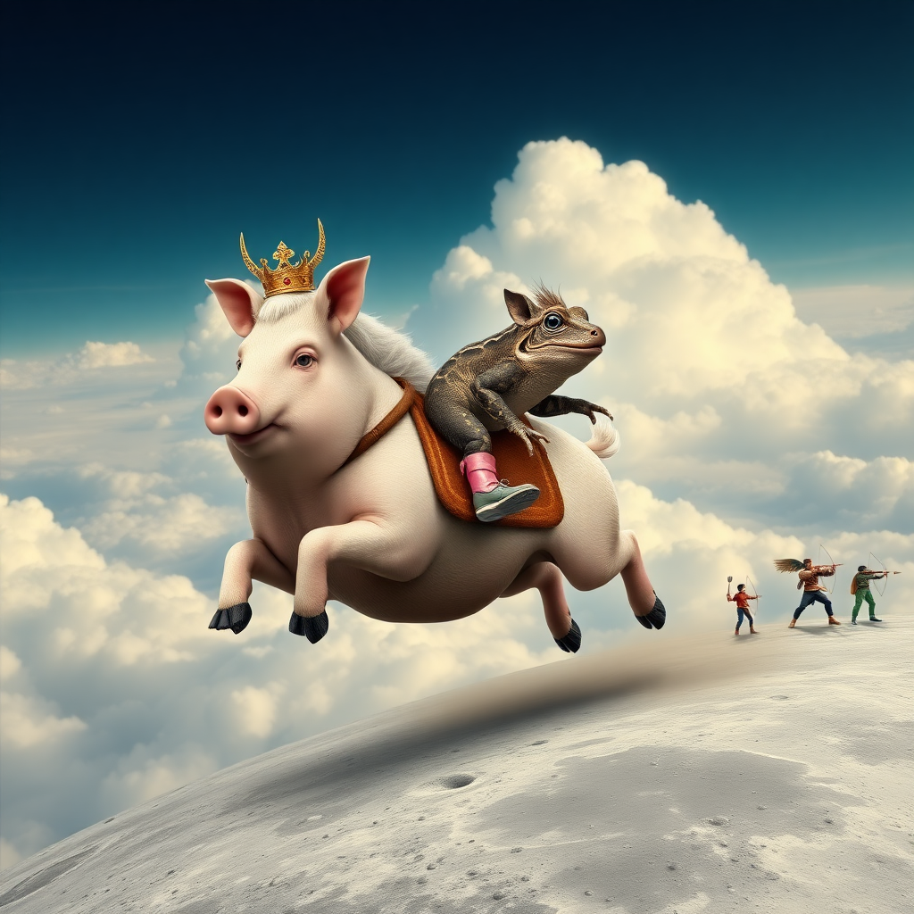 photorealistic pig with a wooden saddle galloping in the cloudy sky above the moon surface, the pig is mounted by a toad with blue eyes and mouflon horns. the toad wears a crown made of peacock feathers, the toad looks angrily and shows canine teeth, the pig smiles stupidly, the toad wears pink riding boots with spurs that pierce the pig's skin, the pig has eagle talents, in the distance there are small humans with bows and arrows aiming at the pig, the humans wear modern fashionable clothes