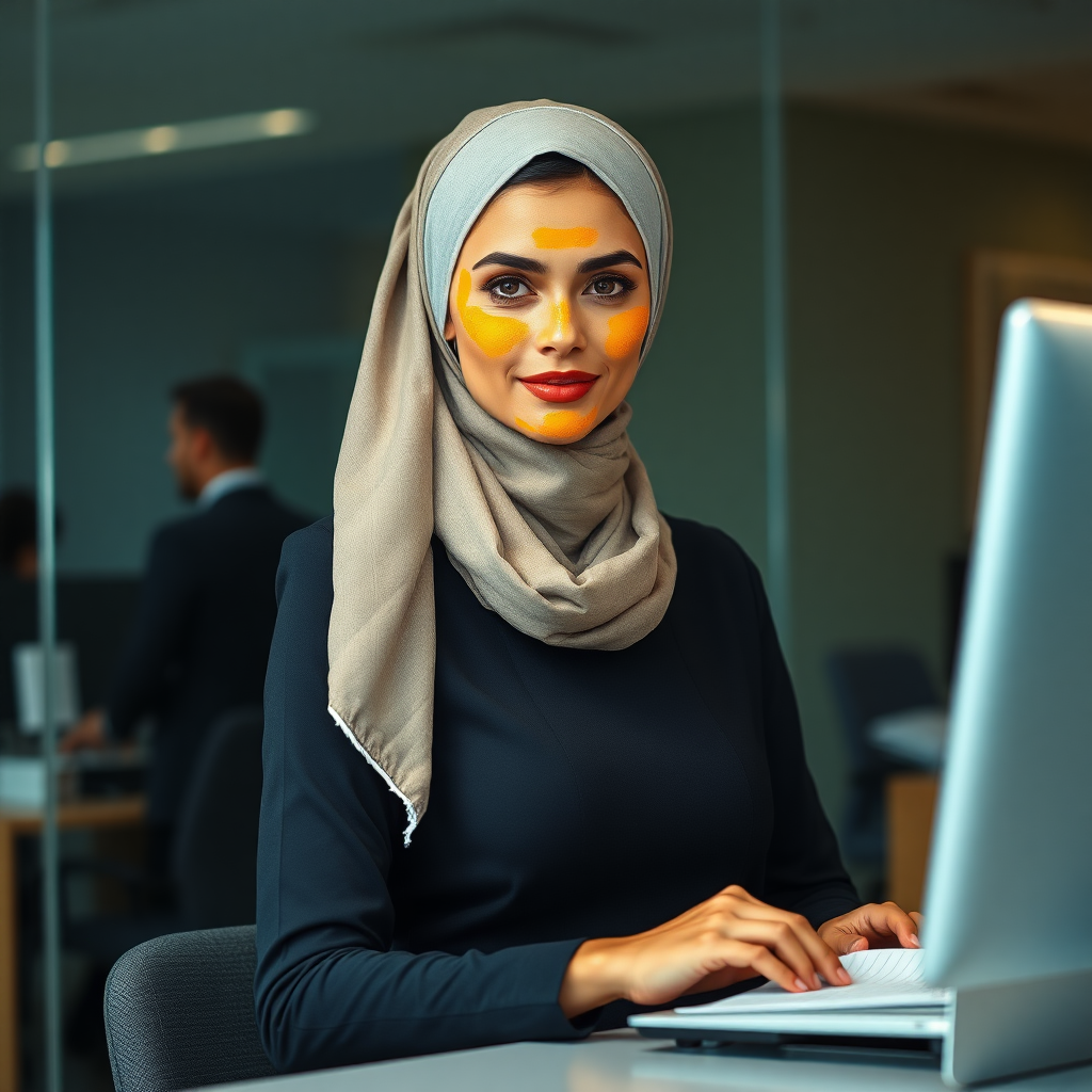 slim, modern, french maid, long scarf head, turmeric paste on face, working in office