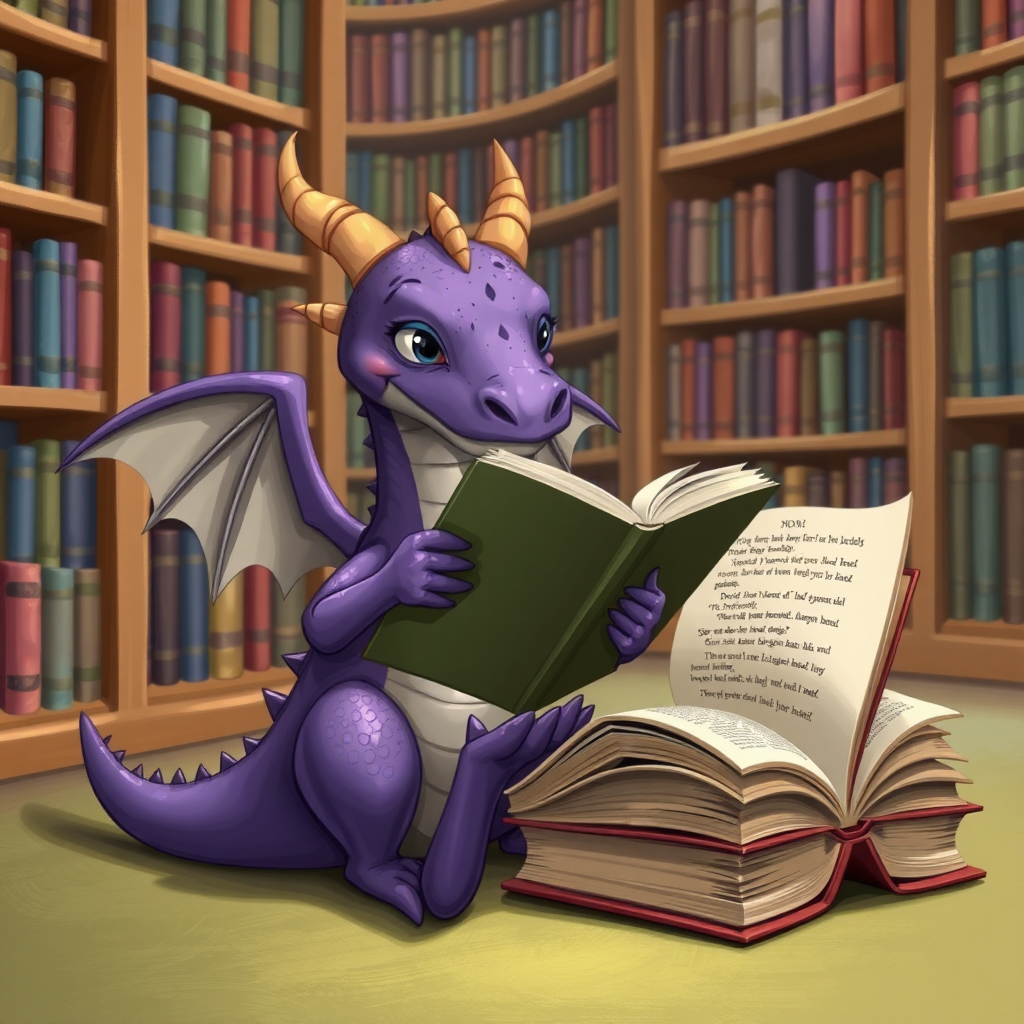 An lazy purple small dragon with two legs, two arms and wings in a library reading from a large book that is sitting on the ground beside him.