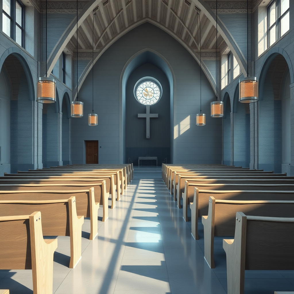 modern church with grey benches, painting style in leonardo da vinci style