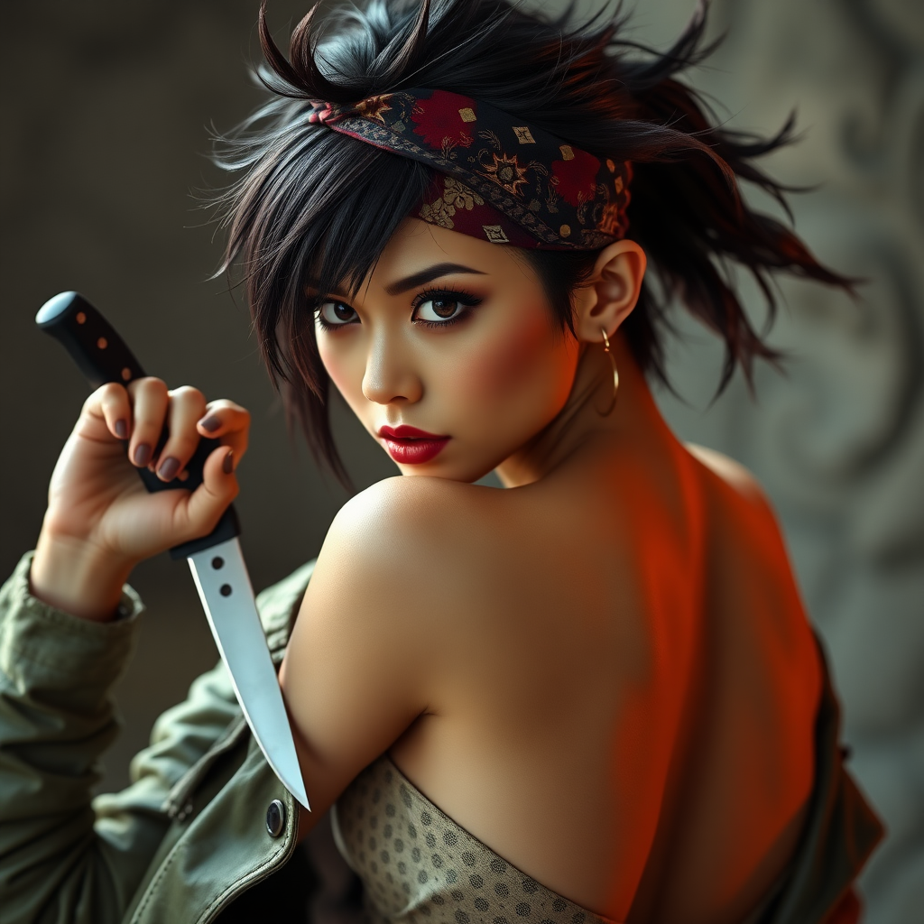 realistic photograph, sexy female bandit, spiky hair, bandana, holding knife, Japanese-Brazilian mixed race, open jacket revealing cleavage, beautiful face, captivating eyes, large breasts, arched back pose, treasure