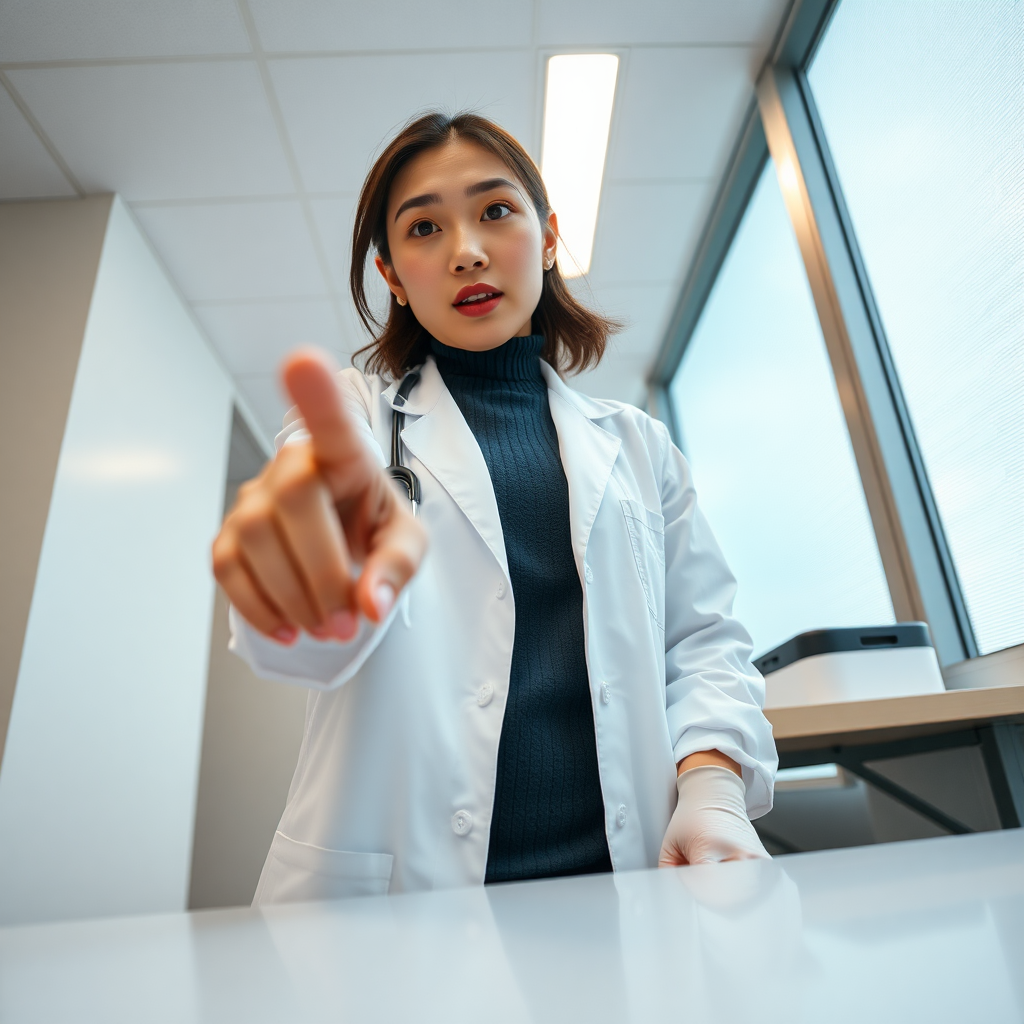 photo low angle Korean woman wearing lab coat standing and pointing her finger down toward the table in front of her. she has a surprised look on her face