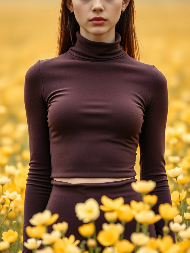 A slim girl in dark brown turtleneck crop top and dark brown body-tight skirt, yellow white petals flowers field, closeup shot, slim model face,