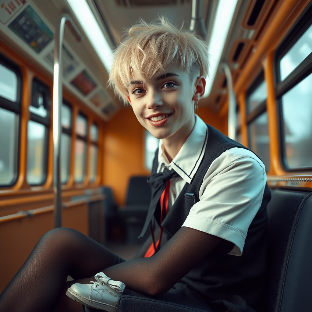 photorealistic, ultra high resolution, 16K, surreal fantasy, soft studio lighting, a pretty 18 year old goth male, slim male physique, short blonde hair, goth makeup, earrings, shiny black pantyhose, UK girls-school uniform, Mary-Jane shoes, sitting in the school bus, excited smile, facing the camera.