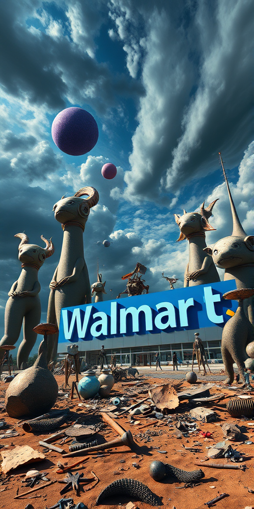 A surreal scene depicting a bizarre, dreamlike landscape filled with oversized sculptures and whimsical elements. The setting features towering, abstract figures reminiscent of various animals and humanoid forms, surrounded by floating orbs and geometric shapes. The sky is a dramatic swirl of clouds in deep blues and grays, with hints of cosmic purple, adding a sense of otherworldliness. Bright splashes of color from the giant blue Walmart logo contrast against earthy tones of the ground, which appears cluttered with remnants of a forgotten civilization—broken objects, scattered debris, and strange artifacts. The lighting is dynamic, creating shadows that emphasize the fantastical elements, while the overall aesthetic leans towards hyperrealism with intricate details and textures that invite the viewer to explore the scene further.