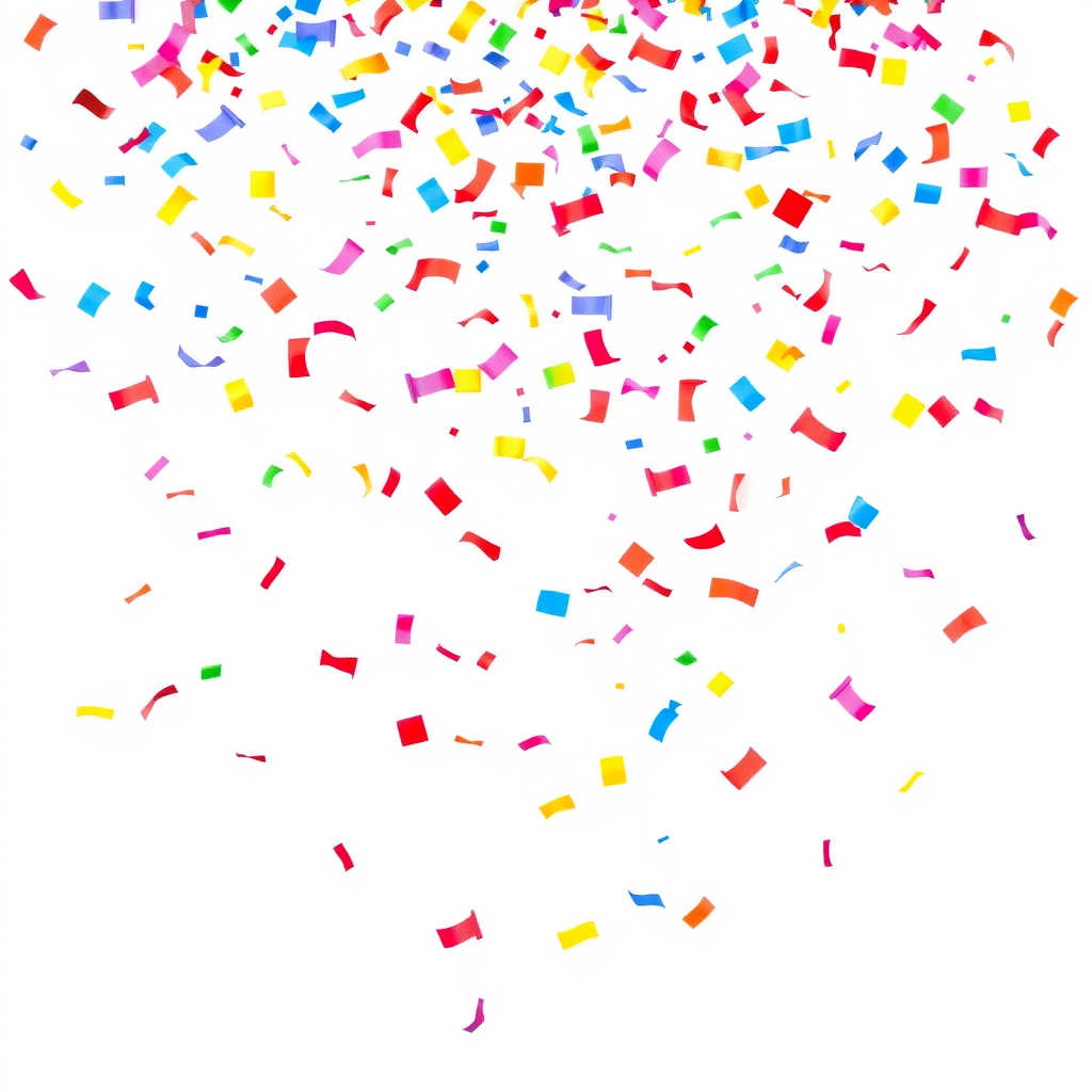 A high-resolution, dynamic image depicting colorful confetti pieces falling through the air against a plain white or light background. The confetti should be shown in various stages of descent, creating a sense of motion and liveliness. The confetti should include a variety of shapes, sizes, and bright colors such as red, blue, yellow, green, and purple. The overall composition should have a celebratory, festive feel suitable for use as a stock photo or graphic element.