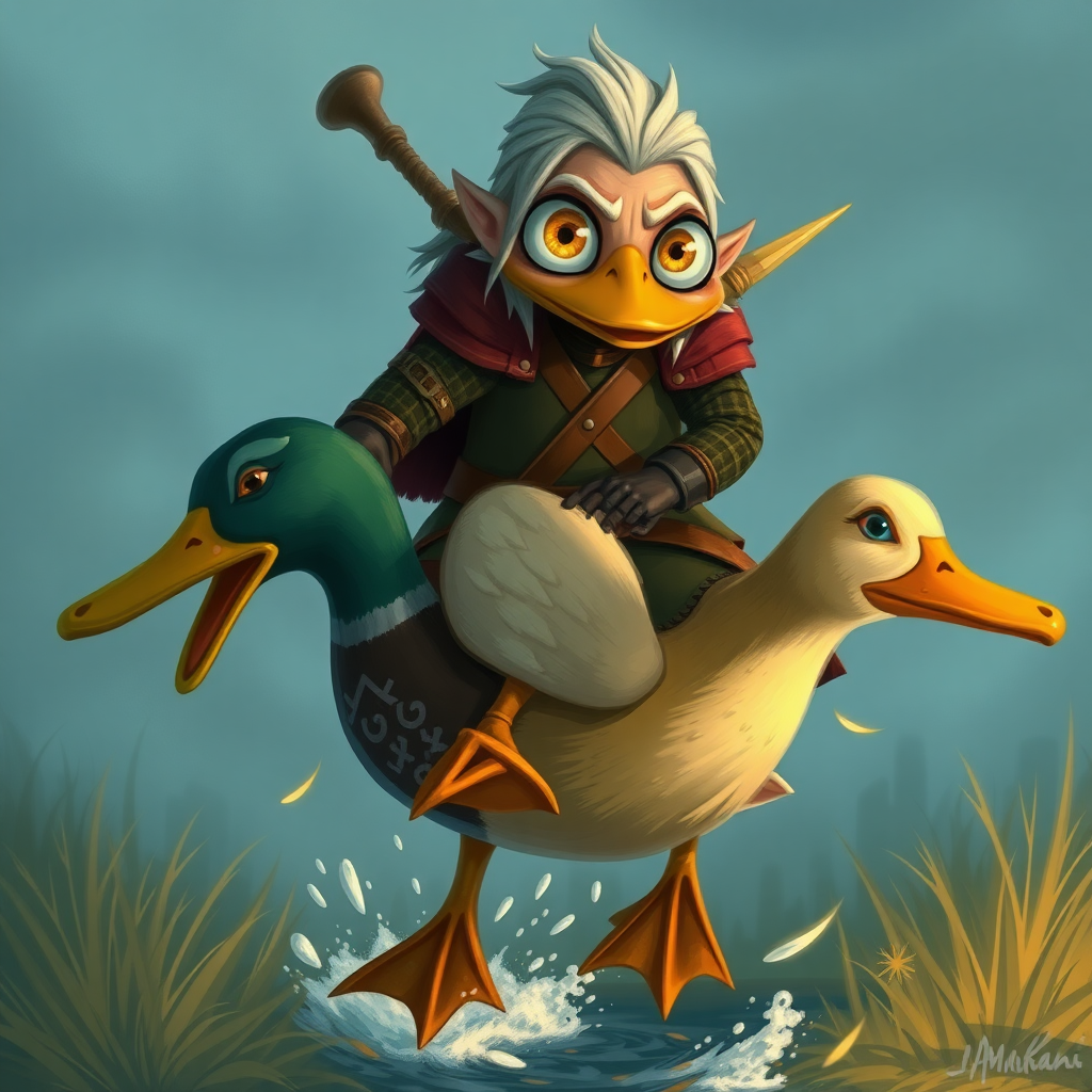 Geralt of Rivia with huge eyes riding a duck