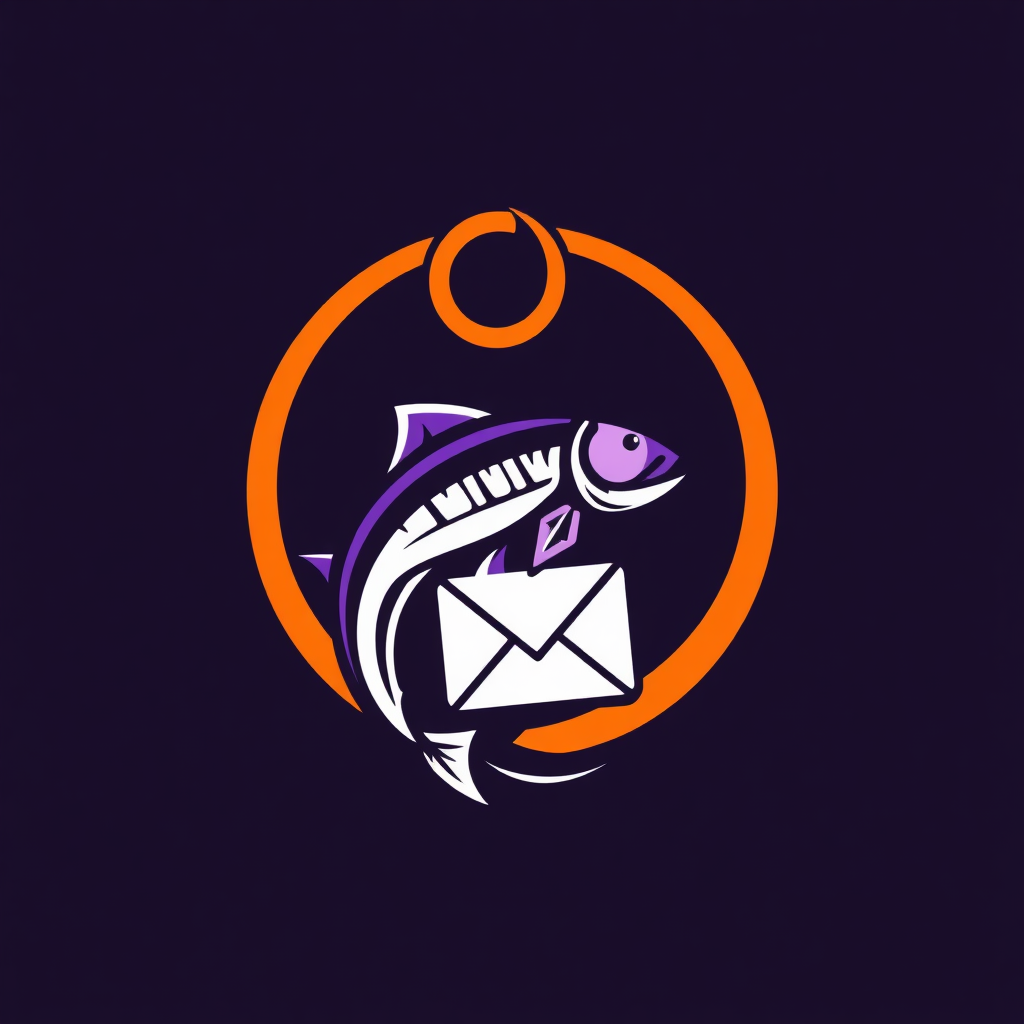 Purple orange white Logo representing phishing thieves with a hook and fishing line and fish and mail and water.