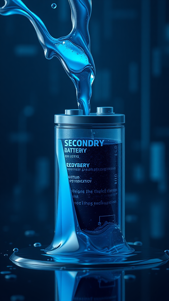 The image of extracting liquid from a secondary battery and regenerating it, express it as a realistic image with 3D rendering, express the background as a cybernetic and mysterious image, and express the overall color as dark blue.