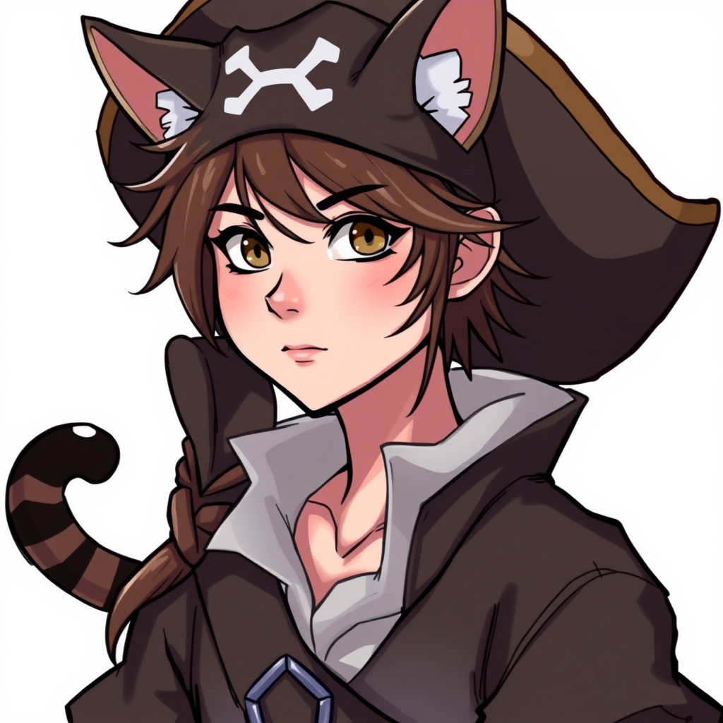 A teenage pirate with messy brown hair, cat ears, and an animated cat tail.