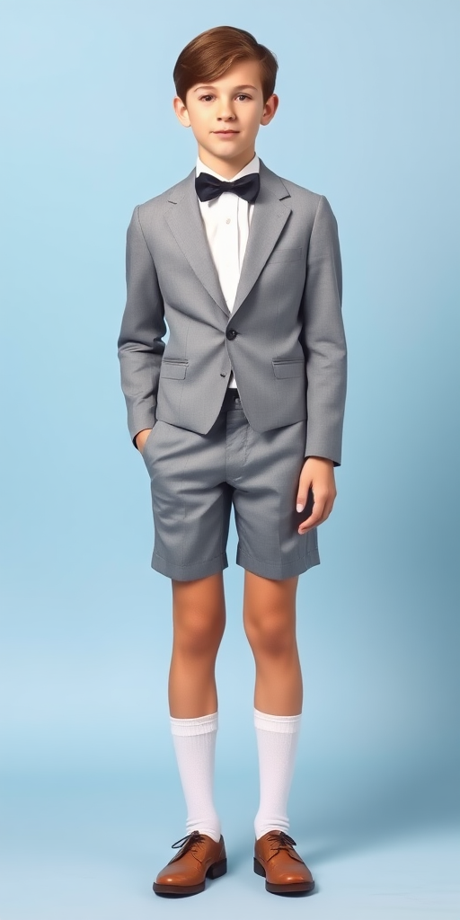 A tall 14-year-old teen boy, wearing a bow tie, white shirt, grey formal suit with matching very narrow knee shorts, tube socks, shoes, long legs, narrow thighs. Full-length view. Light blue background. Family photo in studio. 1980s.  
Photorealistic, ultra high resolution, 16K,  
Negative: grainy, blurry, bad anatomy, extra limbs, watermark.