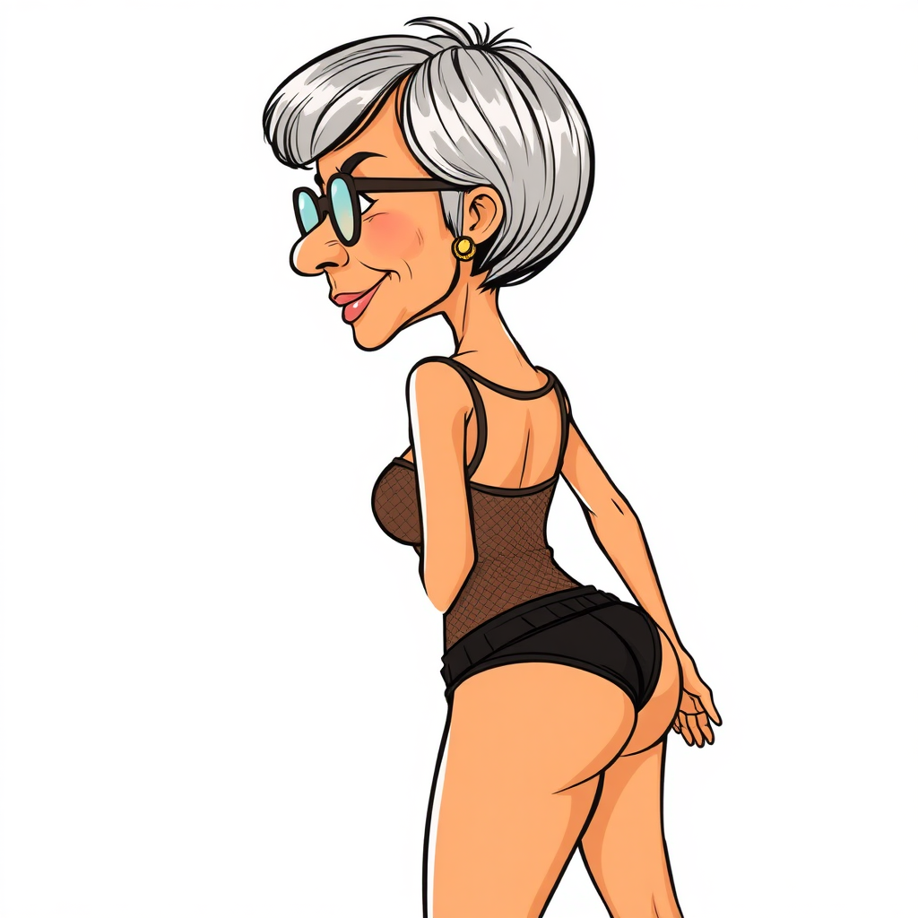 55 Years old, European, Latina, sharp aquiline nose, wrinkles, high cheekbones, Middle Eastern, Skinny, Tanned skin, Dark light skin, Rounded Medium breasts, Skinny thighs, round ass, full Makeup, jewelry, Serious face, Sharp nose, blushing, Ash hair, short bowl haircut, Brown eye color, Glasses, with detailed features. swaying hips, smiling, She is walking away, back side view, she is looking over her shoulder, she is wearing a brown mesh tight tank top and a tight full coverage black ruched thong, visible panty line, detailed fabric. full body, high heels sandals, long establishing shot, 2D, caricature, cartoon, Sketch lines, coloring book, coloring book style on white background, well composed, clean coloring book page, No dither, no gradient, strong outline, No fill, No solids, vector illustration, movement lines. realistic proportions