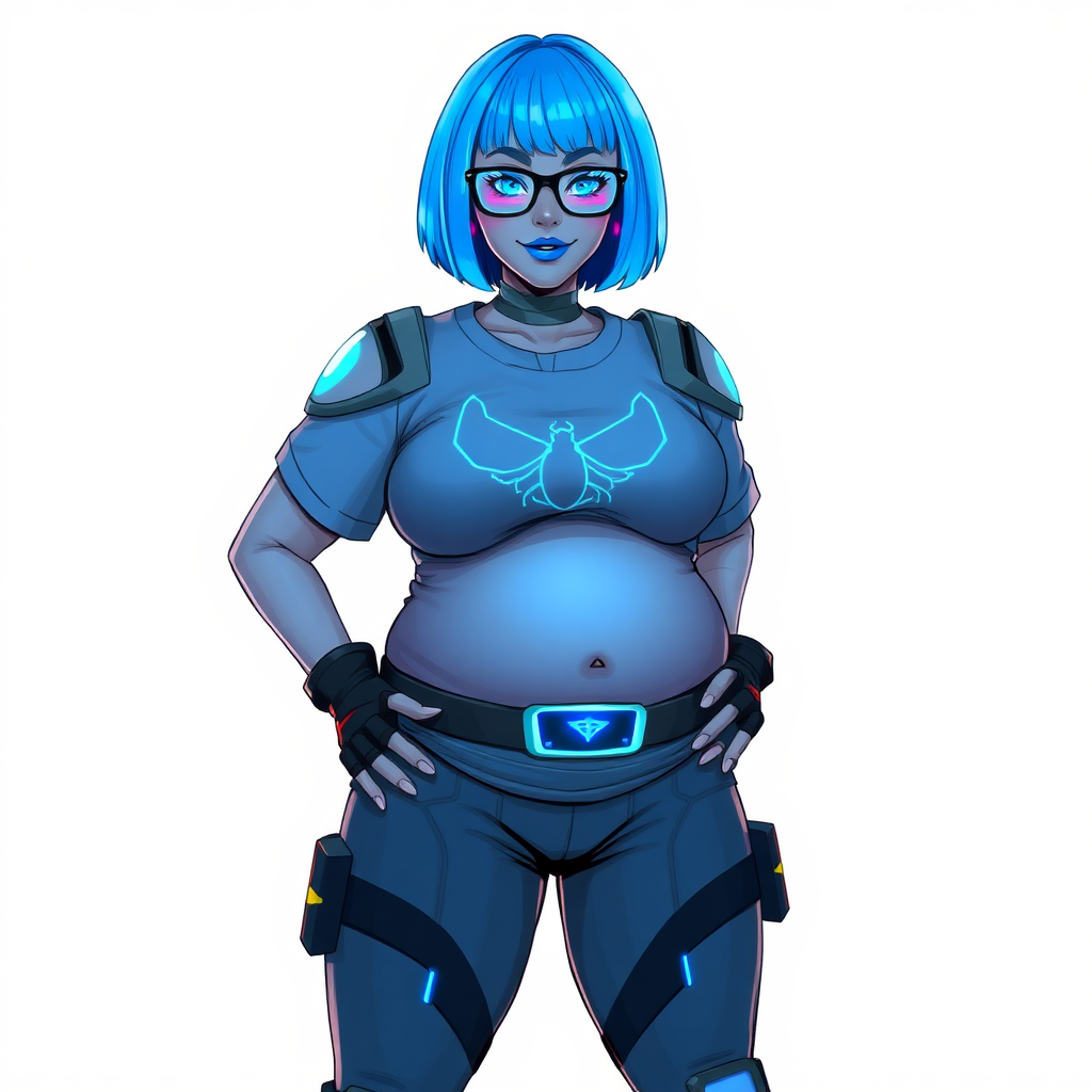 A 28-year-old, full-figured, middle gray-skinned computer program hybrid with a striking maximum blue bob cut. She has a non-athletic build, highlighted by a prominent, round, large midsection (with heavy emphasis on her belly) that showcases the results of her pampering. As the cherished digital sidekick to her cyberpunk vigilante boyfriend, her middle gray metallic skin and maximum blue lipstick emphasize her digital essence. She dons a digital, computerized costume featuring a large, tight-fitting, maximum blue t-shirt with a neon blue glowing beetle icon on the chest, hi-tech shoulder pads with neon blue accents, a black hi-tech belt with a digital neon blue glowing buckle, and digital maximum blue biker pants with neon blue accents. Her look is completed with black hi-tech fingerless biker gloves with neon blue glowing accents. Her neon blue glowing eyes, black eyeglasses with a neon blue glowing HUD built into the lenses, and a shy smile with neon red blush highlight her nerdy charm. She stands bashfully with her hands behind her back, her costume covering all her skin and emphasizing her full-figured physique, especially her belly. Despite her non-athletic build, she radiates beauty. Her slim face contrasts with her physique, accentuating her radiant beauty. She is depicted on a solid white background. She is drawn as if she were in a retro 2D cyberpunk fighting game.