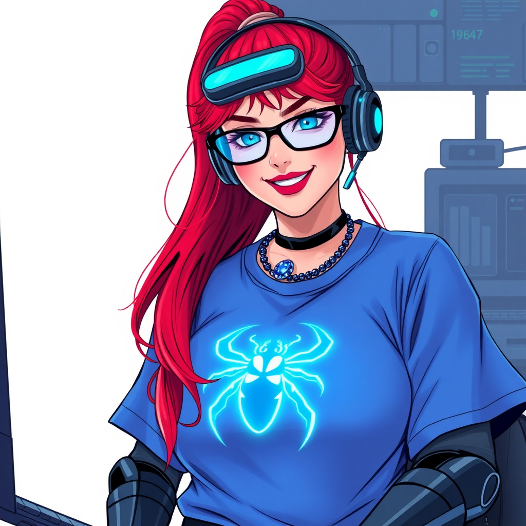 A cyberpunk vigilante’s full-figured intelligent and tech-savvy 29-year-old girlfriend, who is a computer hacker and tech genius. She has a long ruby red ponytail and bright blue eyes. She wears maximum blue lipstick, a sapphire beetle gemstone necklace, sapphire earrings, black eyeglasses, hi-tech metal arm armor, and an oversized maximum blue t-shirt featuring a neon blue glowing icon of a scarab beetle on its chest. She has a full-figured physique with a giant, round midsection, reflecting her well-cared-for lifestyle. She sports a sapphire headset with a hi-tech maximum turquoise lensed HUD, and a beaming smile with a passionate bright red blush. She serves as his tech expert from his hideout, diligently working at her lab table and computer desk. The background is solid white. She is drawn as if she was in a retro 2D cyberpunk fighting game.