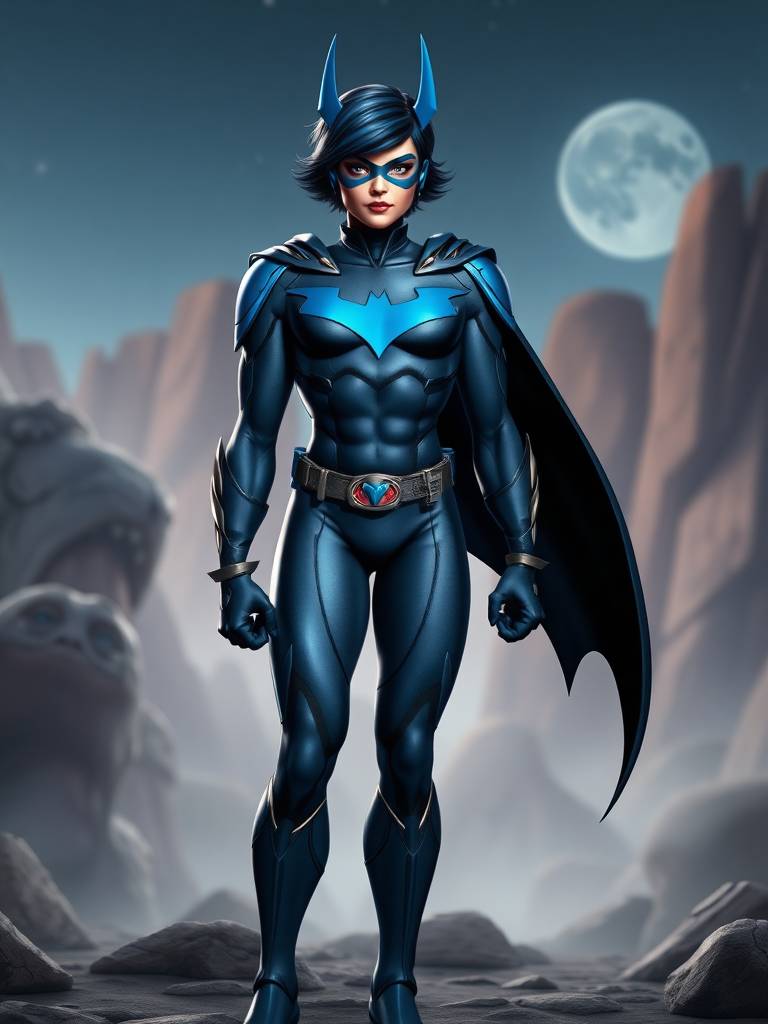 Full-length rendered image of Nightwing, incorporating Wilma Flintstone's physique while retaining Nightwing's head, iconic hairstyle, and distinct facial features. The costume should be primarily Nightwing's, but seamlessly integrate embellishments from Wilma Flintstone's attire, adjusting for the new proportions. The background should be a cohesive blend of elements drawn from both Nightwing and Wilma Flintstone's respective universes, creating a harmonious fusion.